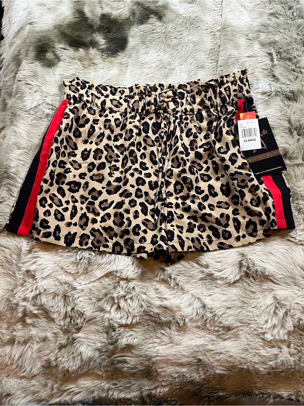 Almost Famous Leopard Print Athletic Shorts with Red and Black Side Stripes